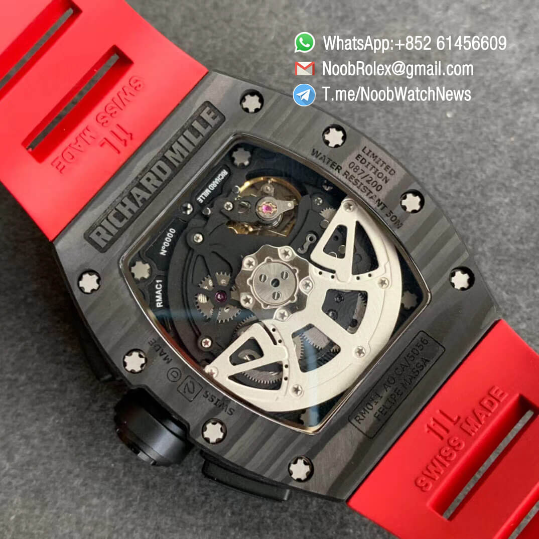 RM011 NTPT Chrono Carbon Case Skeleton Crystal Dial with Red Dial Ring Black Hand on Red Rubber Strap A7750 KVF V2 Top Quality Clone 08