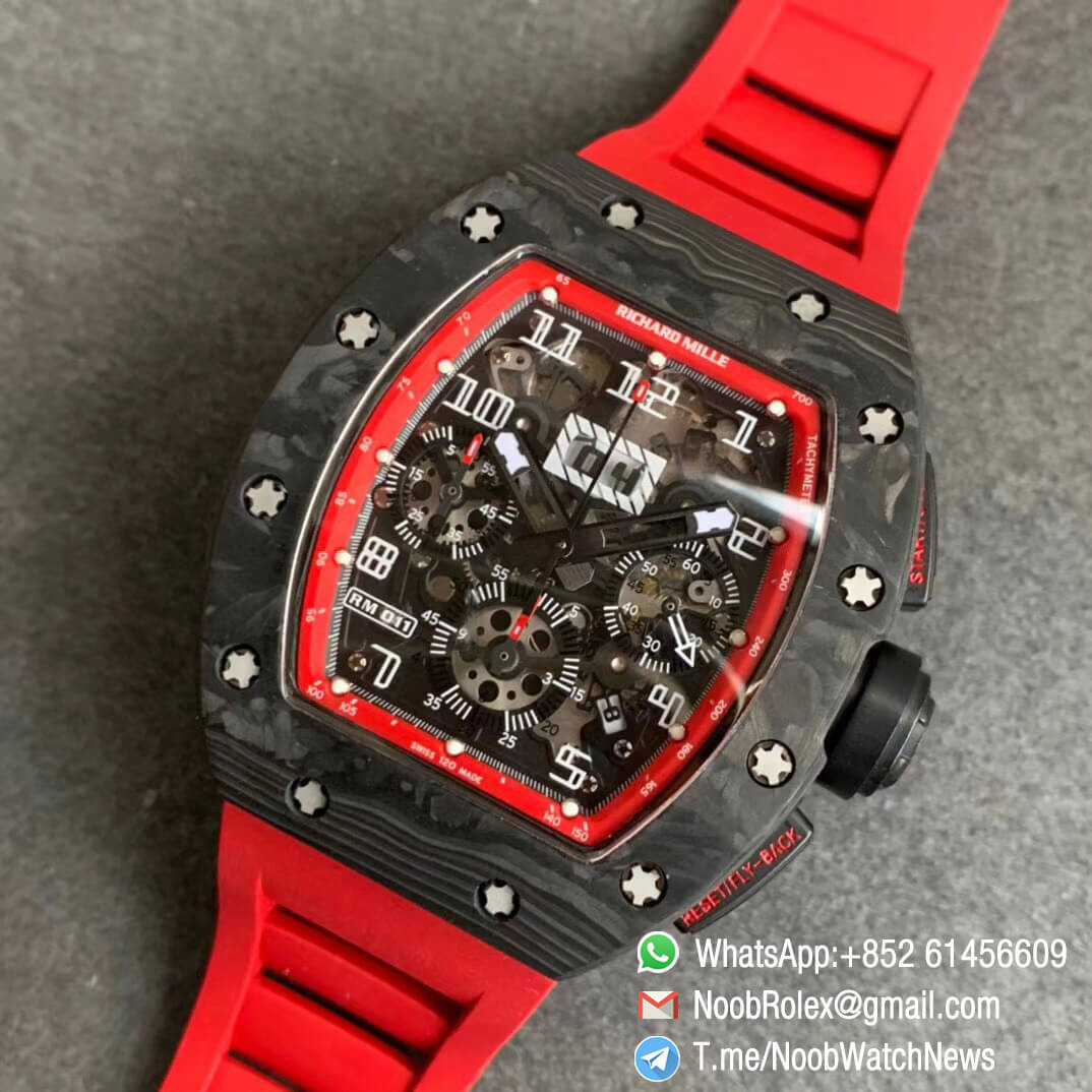 RM011 NTPT Chrono Carbon Case Skeleton Crystal Dial with Red Dial Ring Black Hand on Red Rubber Strap A7750 KVF V2 Top Quality Clone 09