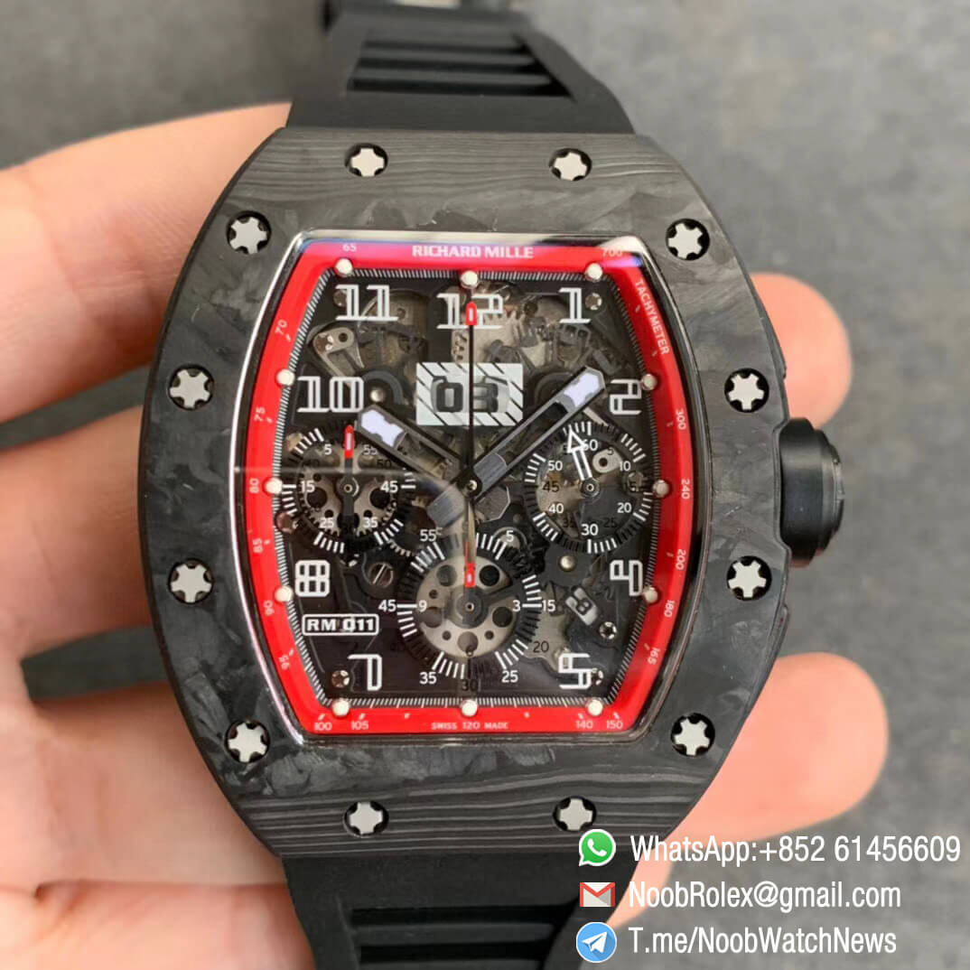 RM011 NTPT Chrono Carbon Case Skeleton Crystal Dial with Red Dial Ring on Black Rubber Strap A7750 KVF V2 Top Quality Replica 01