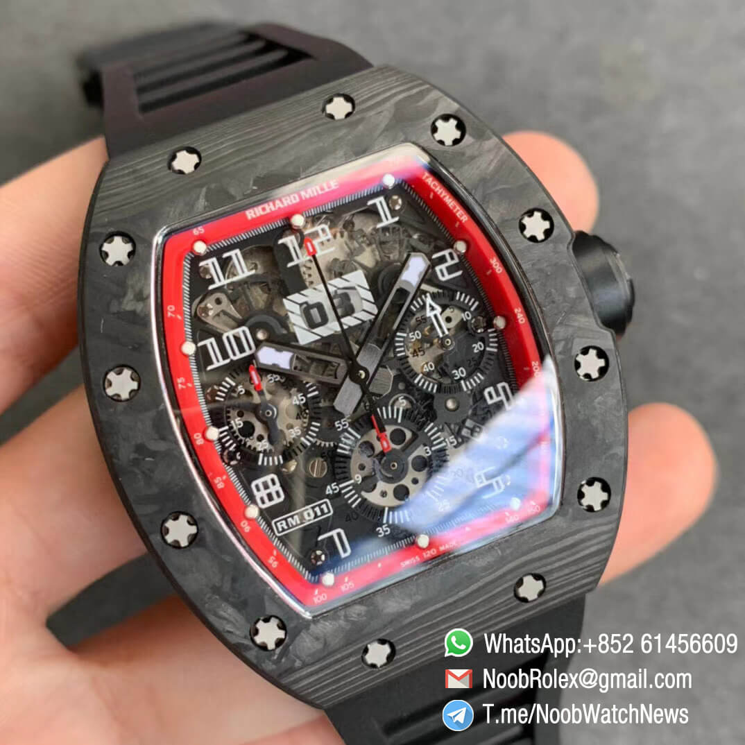 RM011 NTPT Chrono Carbon Case Skeleton Crystal Dial with Red Dial Ring on Black Rubber Strap A7750 KVF V2 Top Quality Replica 02