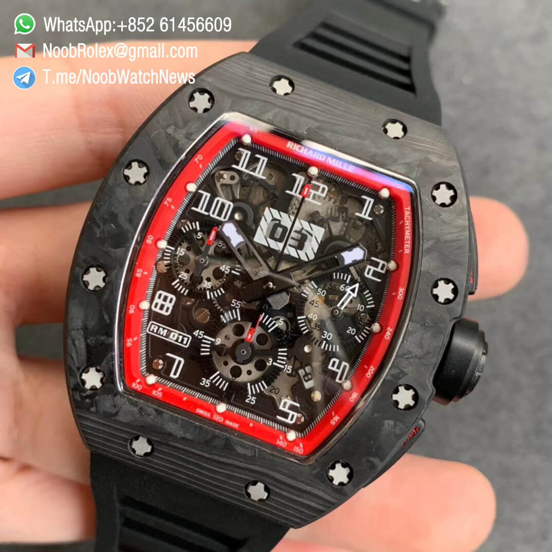 RM011 NTPT Chrono Carbon Case Skeleton Crystal Dial with Red Dial Ring on Black Rubber Strap A7750 KVF V2 Top Quality Replica 03