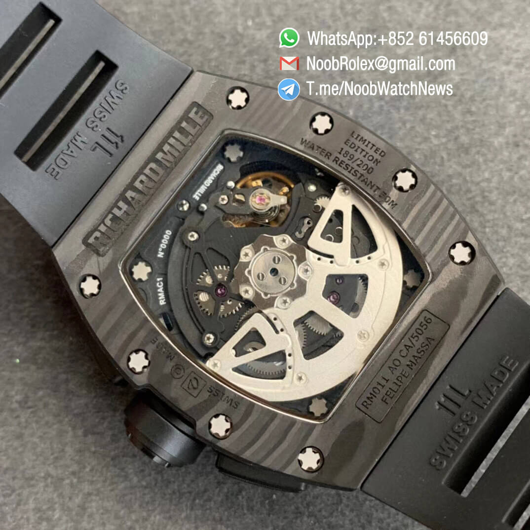 RM011 NTPT Chrono Carbon Case Skeleton Crystal Dial with Red Dial Ring on Black Rubber Strap A7750 KVF V2 Top Quality Replica 08
