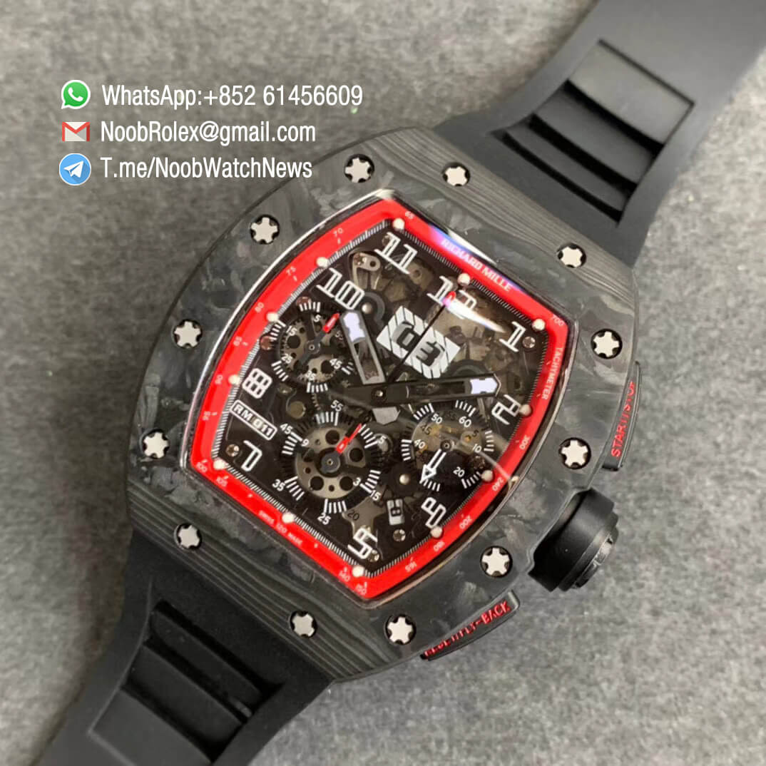 RM011 NTPT Chrono Carbon Case Skeleton Crystal Dial with Red Dial Ring on Black Rubber Strap A7750 KVF V2 Top Quality Replica 09