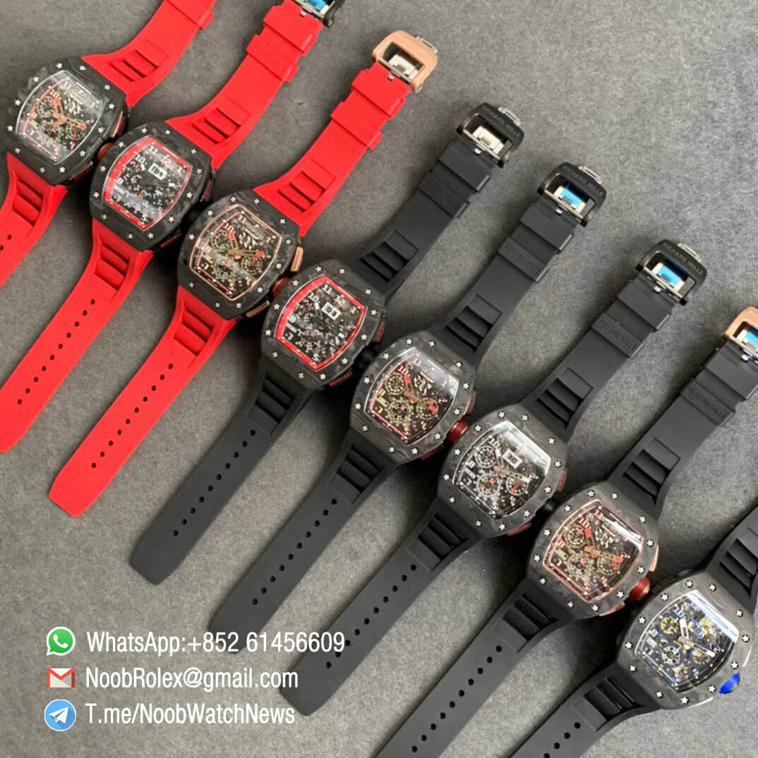 RM011 NTPT Chrono Carbon Case Skeleton Crystal Dial with Red Dial Ring on Black Rubber Strap A7750 KVF V2 Top Quality Replica 10