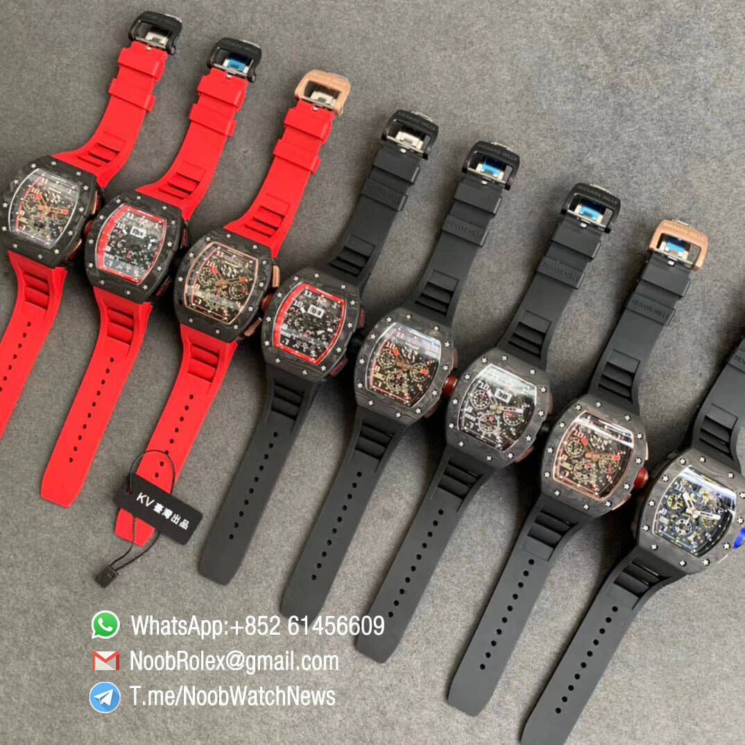 RM011 NTPT Chrono Carbon Case Skeleton Crystal Dial with Red Dial Ring on Black Rubber Strap A7750 KVF V2 Top Quality Replica 11