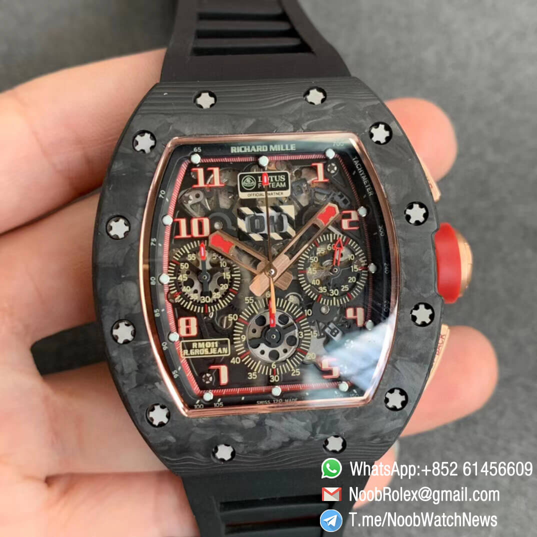 RM011 ROMAIN GROSJEAN LOTUS F1 TEAM NTPT Carbon Case Rose Gold Mid Case Skeleton Dial with Red Crown on Black Rubber Strap Chrono A7750 KVF V2 Top Clone 01