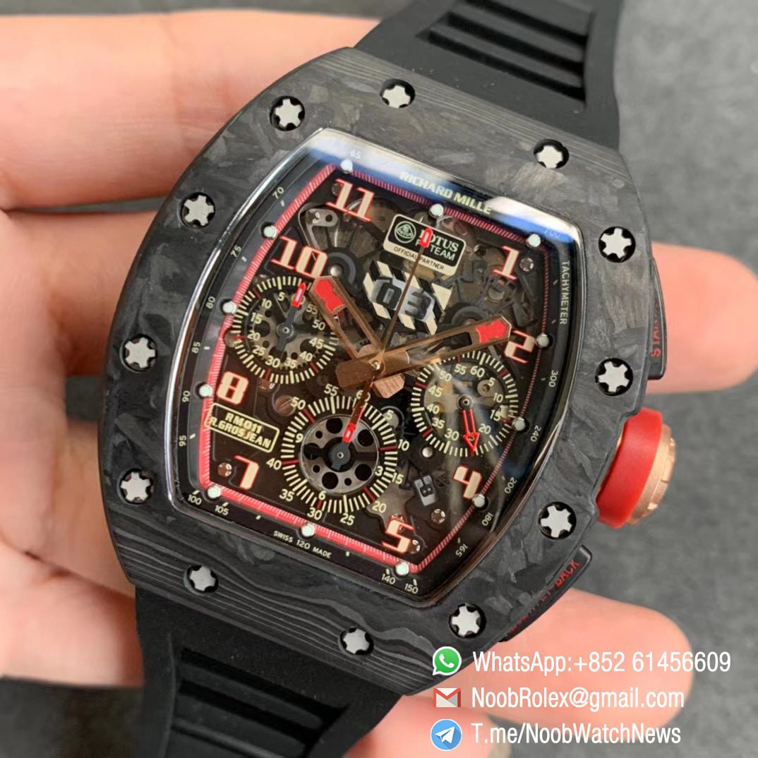 RM011 ROMAIN GROSJEAN LOTUS F1 TEAM NTPT Carbon Case Skeleton Dial with Red Crown on Black Rubber Strap Chrono A7750 KVF V2 Best Repwatch 03