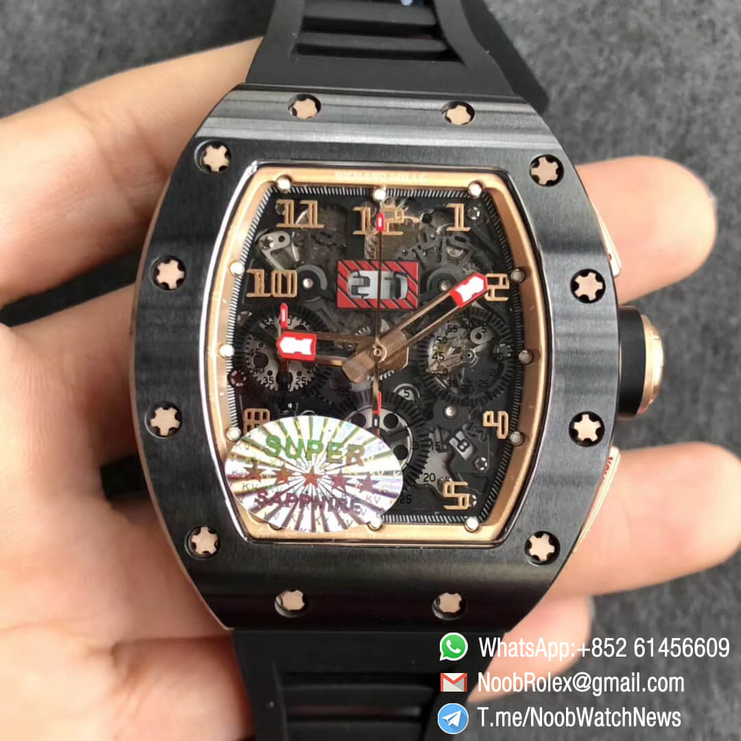 Richard Mille RM011 AO RG ATZ 6698 Felipe Massa Ceramic Case Chronograph Crystal Skeleton Dial Gold Markers on Black Rubber Strap Auto Chrono KVF Best Replica 01