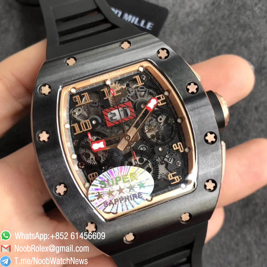 Richard Mille RM011 AO RG ATZ 6698 Felipe Massa Ceramic Case Chronograph Crystal Skeleton Dial Gold Markers on Black Rubber Strap Auto Chrono KVF Best Replica 02