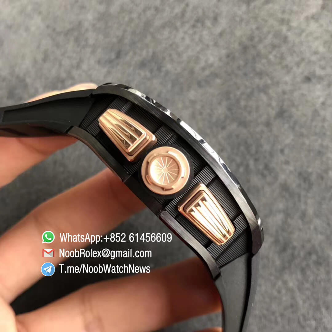 Richard Mille RM011 AO RG ATZ 6698 Felipe Massa Ceramic Case Chronograph Crystal Skeleton Dial Gold Markers on Black Rubber Strap Auto Chrono KVF Best Replica 04