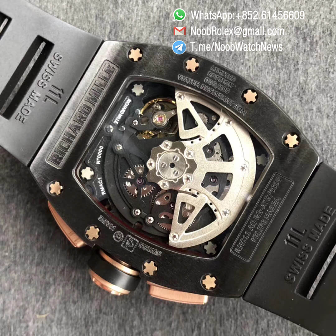 Richard Mille RM011 AO RG ATZ 6698 Felipe Massa Ceramic Case Chronograph Crystal Skeleton Dial Gold Markers on Black Rubber Strap Auto Chrono KVF Best Replica 08