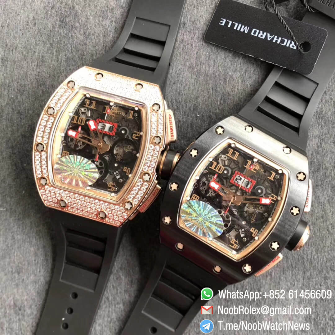 Richard Mille RM011 RG 5443 FELIPE MASDA Rose Gold Case Diamonds Bezel Crystal Skeleton Dial on Black Rubber Strap A7750 Auto Chrono KVF Top Clone 01