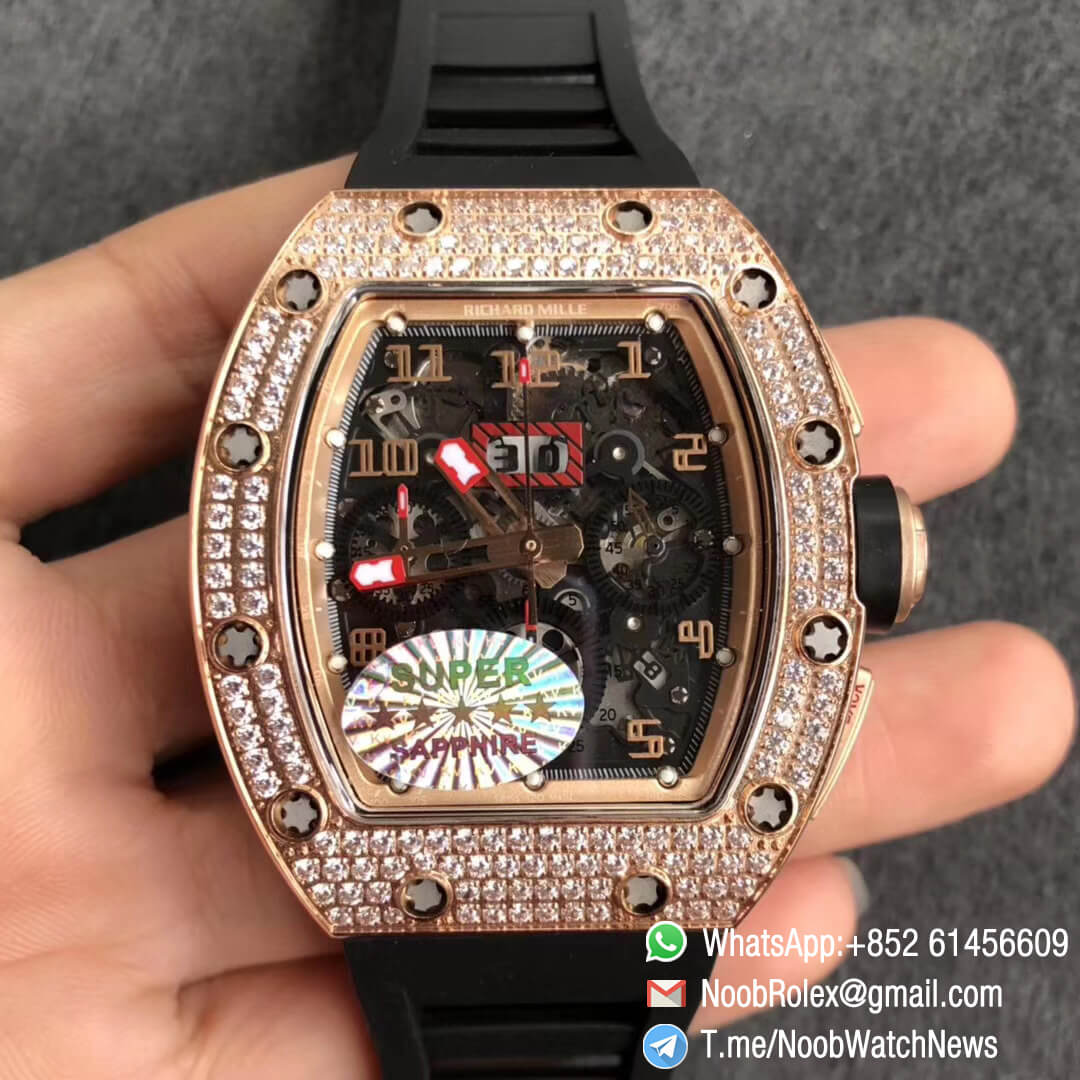 Richard Mille RM011 RG 5443 FELIPE MASDA Rose Gold Case Diamonds Bezel Crystal Skeleton Dial on Black Rubber Strap A7750 Auto Chrono KVF Top Clone 02