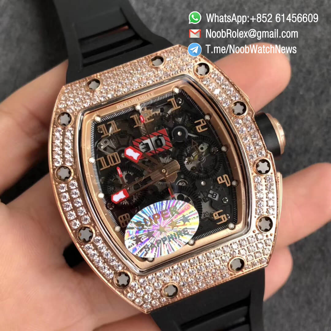 Richard Mille RM011 RG 5443 FELIPE MASDA Rose Gold Case Diamonds Bezel Crystal Skeleton Dial on Black Rubber Strap A7750 Auto Chrono KVF Top Clone 03