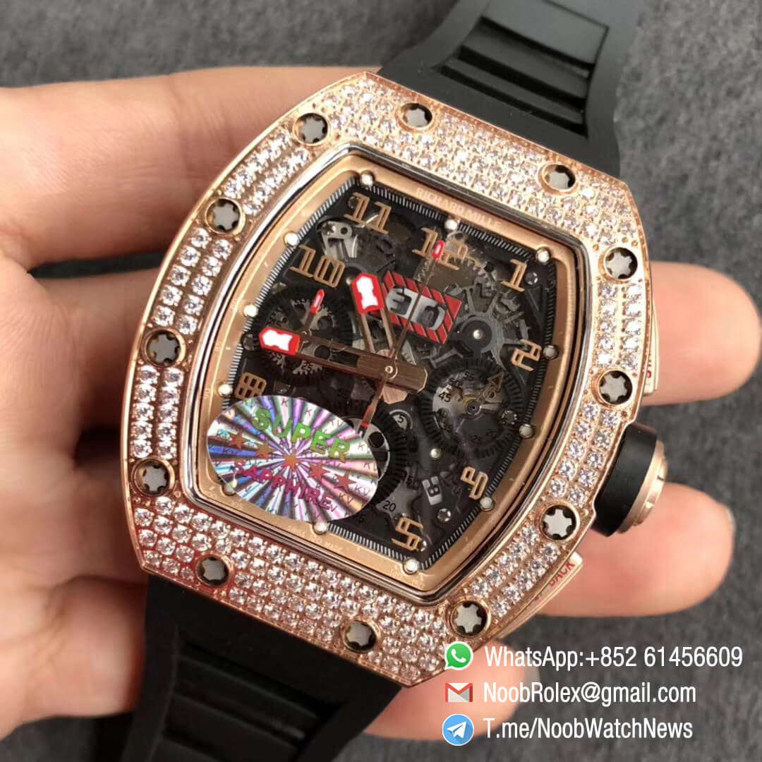 Richard Mille RM011 RG 5443 FELIPE MASDA Rose Gold Case Diamonds Bezel Crystal Skeleton Dial on Black Rubber Strap A7750 Auto Chrono KVF Top Clone 04