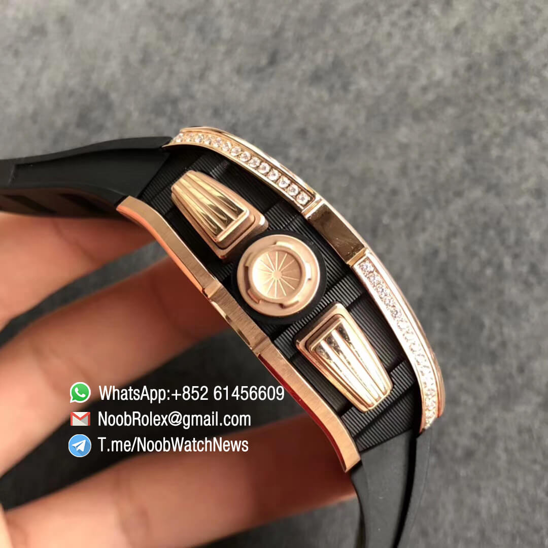 Richard Mille RM011 RG 5443 FELIPE MASDA Rose Gold Case Diamonds Bezel Crystal Skeleton Dial on Black Rubber Strap A7750 Auto Chrono KVF Top Clone 05