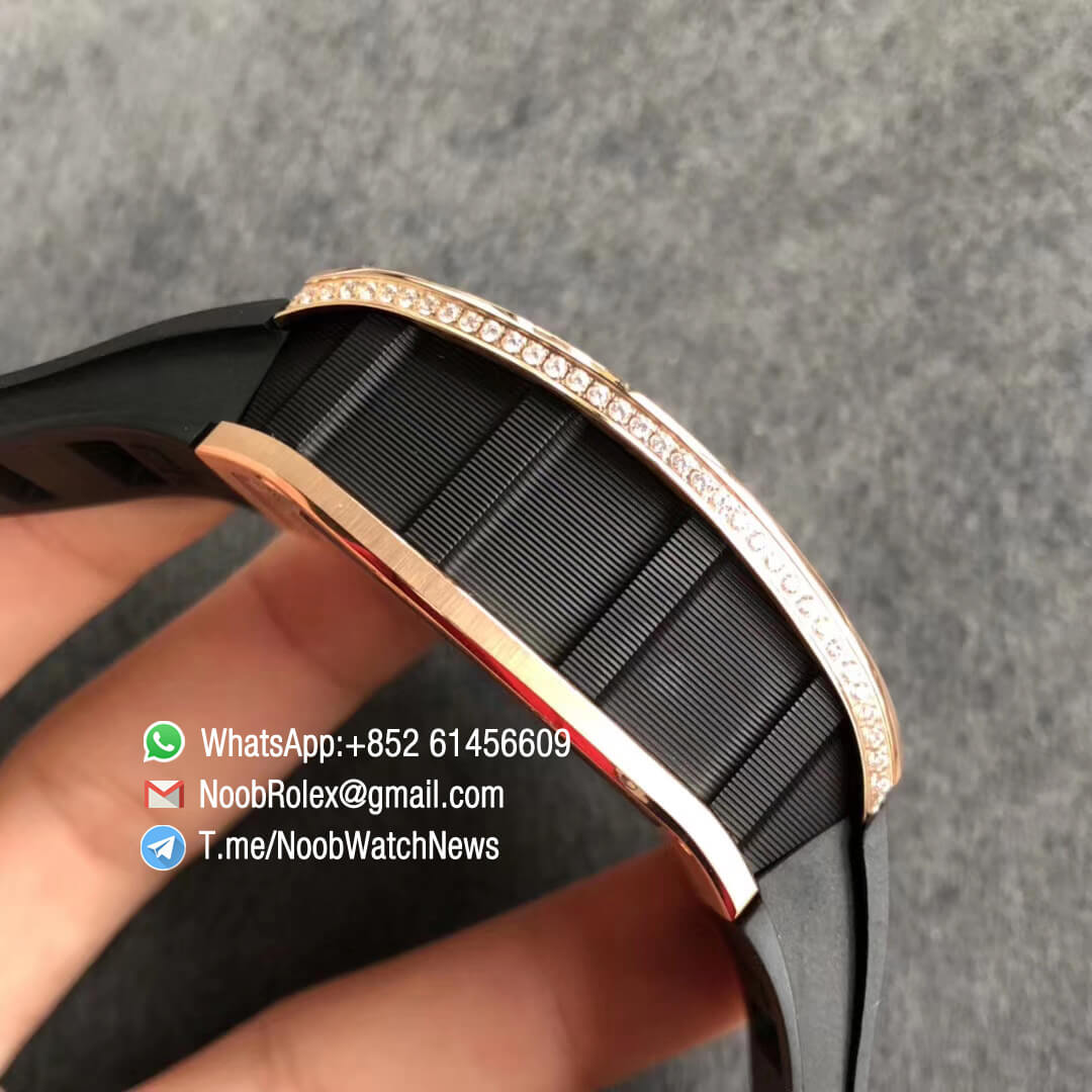 Richard Mille RM011 RG 5443 FELIPE MASDA Rose Gold Case Diamonds Bezel Crystal Skeleton Dial on Black Rubber Strap A7750 Auto Chrono KVF Top Clone 06