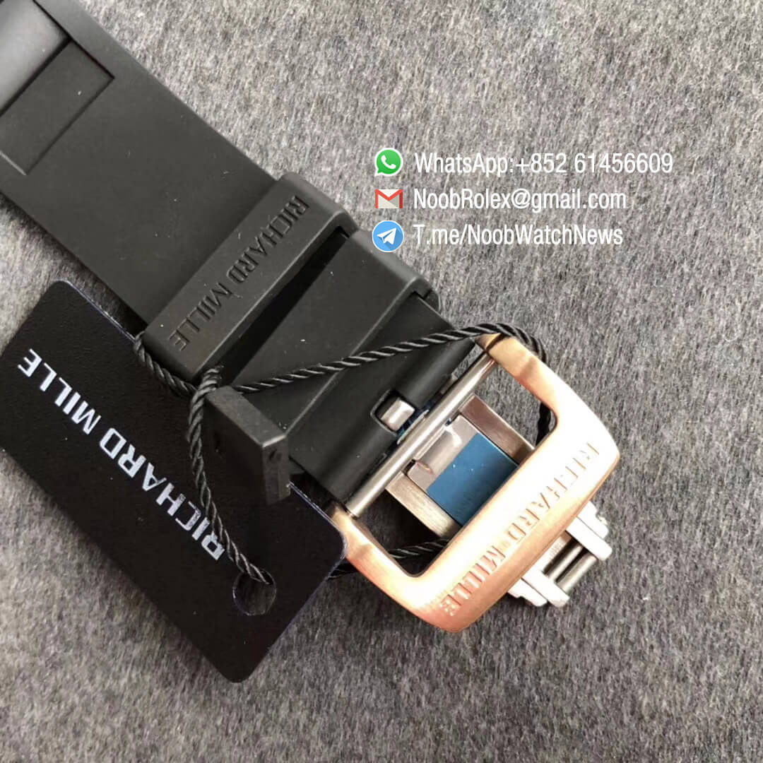 Richard Mille RM011 RG 5443 FELIPE MASDA Rose Gold Case Diamonds Bezel Crystal Skeleton Dial on Black Rubber Strap A7750 Auto Chrono KVF Top Clone 07