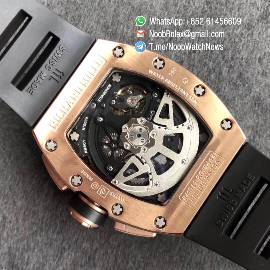 Richard Mille RM011 RG 5443 FELIPE MASDA Rose Gold Case Diamonds Bezel Crystal Skeleton Dial on Black Rubber Strap A7750 Auto Chrono KVF Top Clone 09