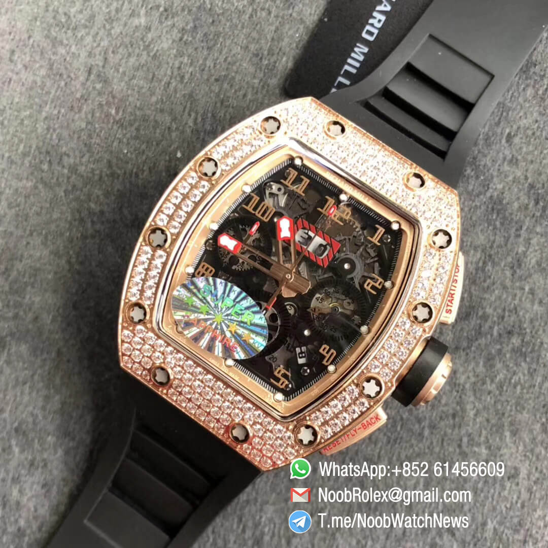 Richard Mille RM011 RG 5443 FELIPE MASDA Rose Gold Case Diamonds Bezel Crystal Skeleton Dial on Black Rubber Strap A7750 Auto Chrono KVF Top Clone 10