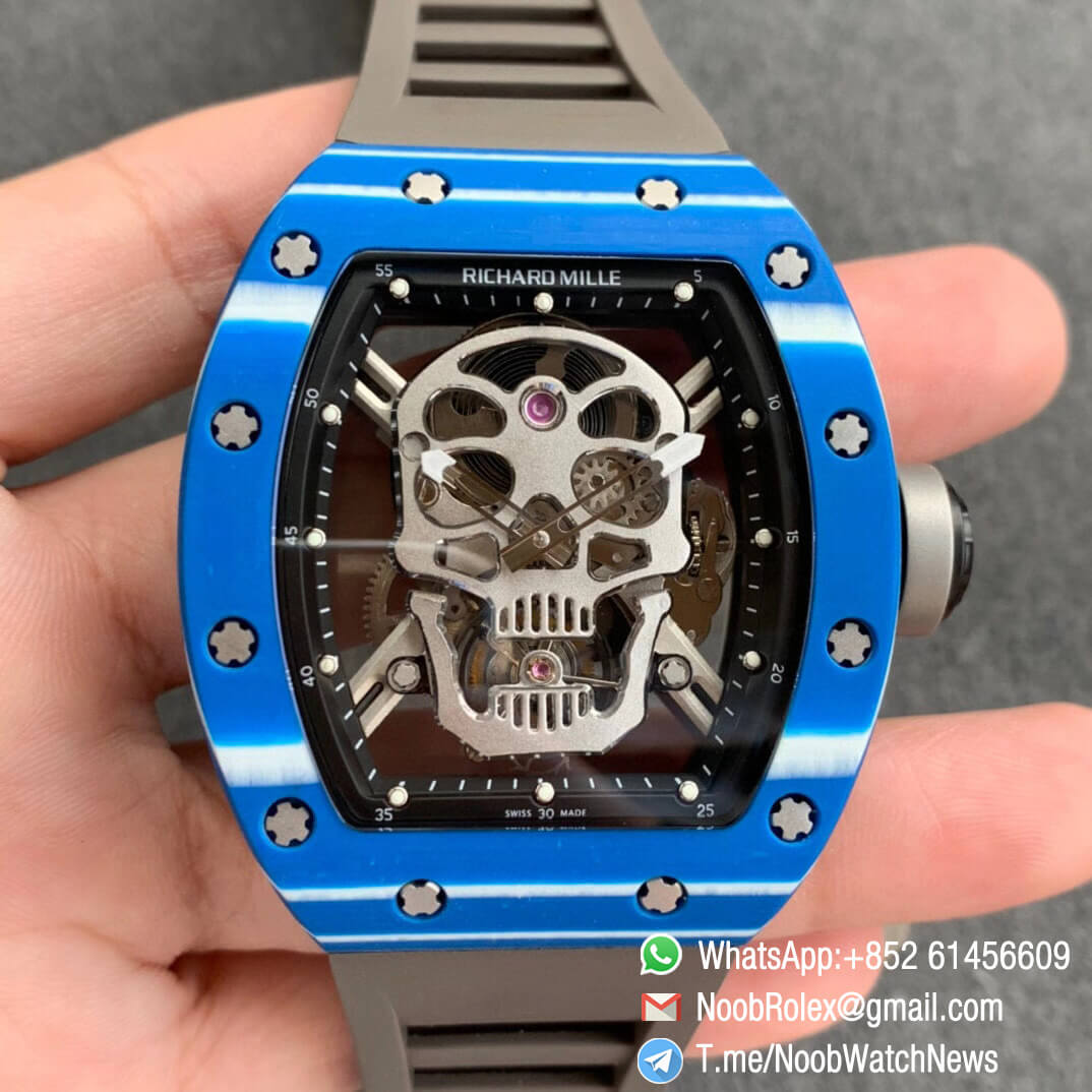 Richard Mille RM052 01 Tourbillon PVD Black Titanium Case Blue Bezel Skeleton Dial on Grey Rubber Strap JBF Best Replica 01