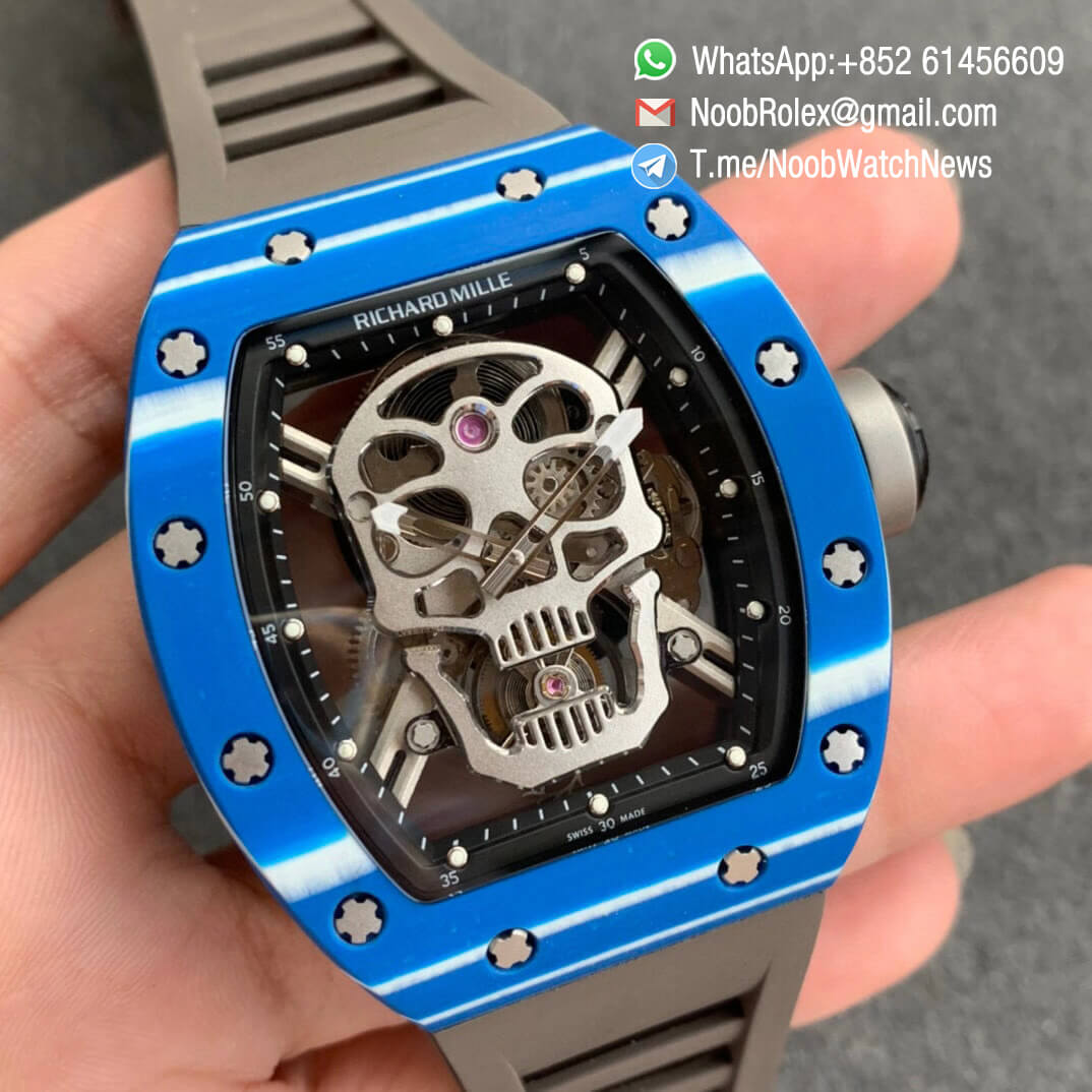 Richard Mille RM052 01 Tourbillon PVD Black Titanium Case Blue Bezel Skeleton Dial on Grey Rubber Strap JBF Best Replica 02