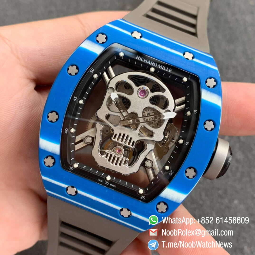 Richard Mille RM052 01 Tourbillon PVD Black Titanium Case Blue Bezel Skeleton Dial on Grey Rubber Strap JBF Best Replica 03
