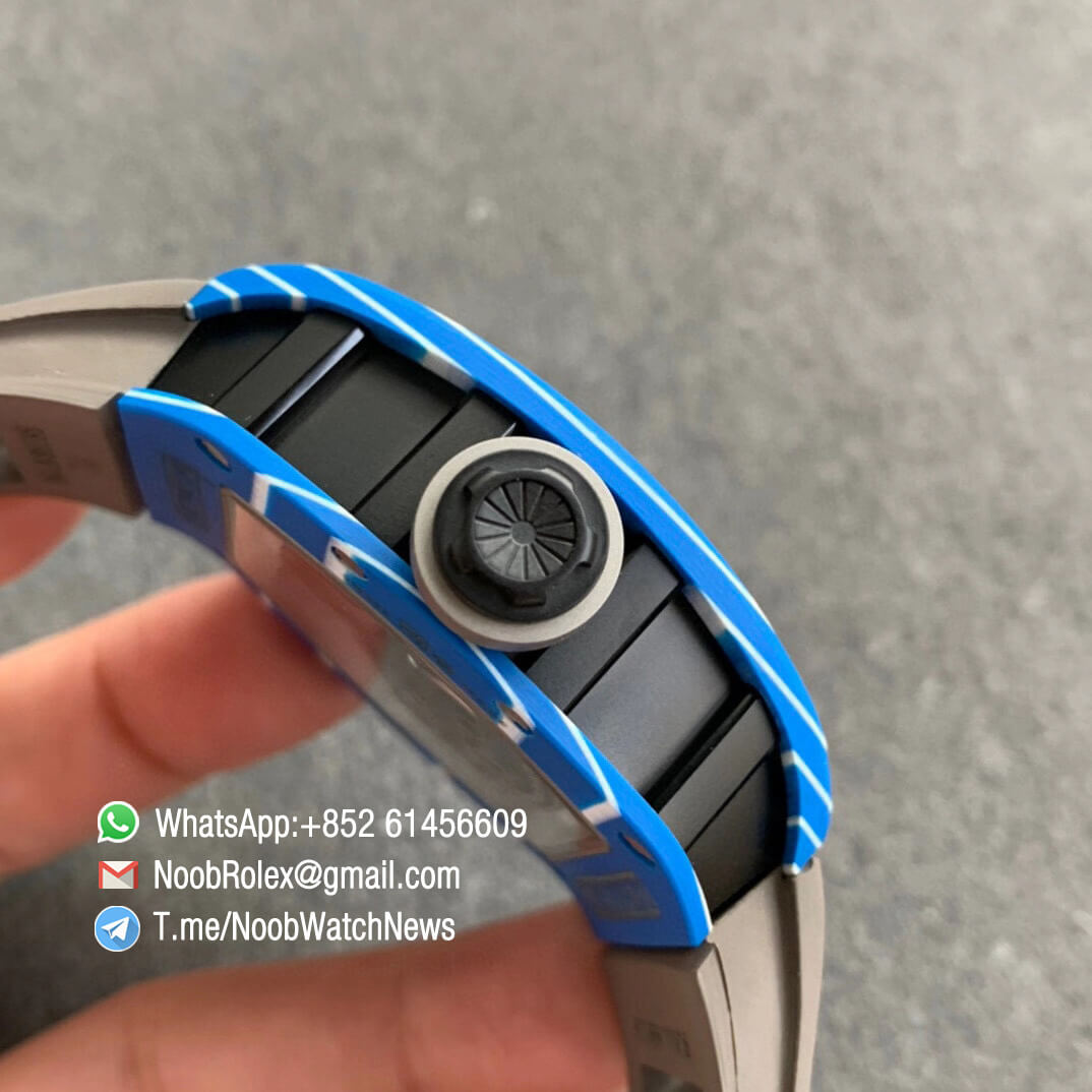 Richard Mille RM052 01 Tourbillon PVD Black Titanium Case Blue Bezel Skeleton Dial on Grey Rubber Strap JBF Best Replica 04