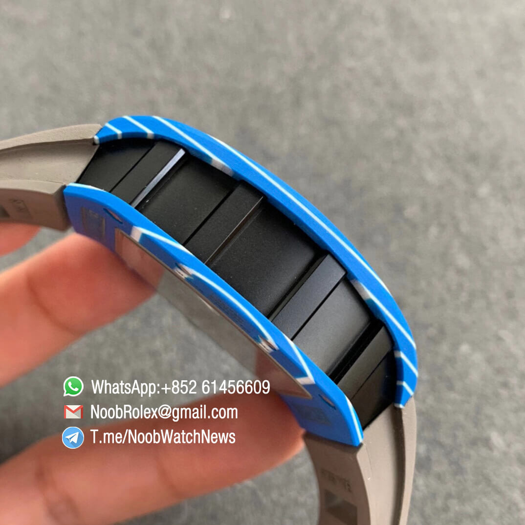 Richard Mille RM052 01 Tourbillon PVD Black Titanium Case Blue Bezel Skeleton Dial on Grey Rubber Strap JBF Best Replica 05