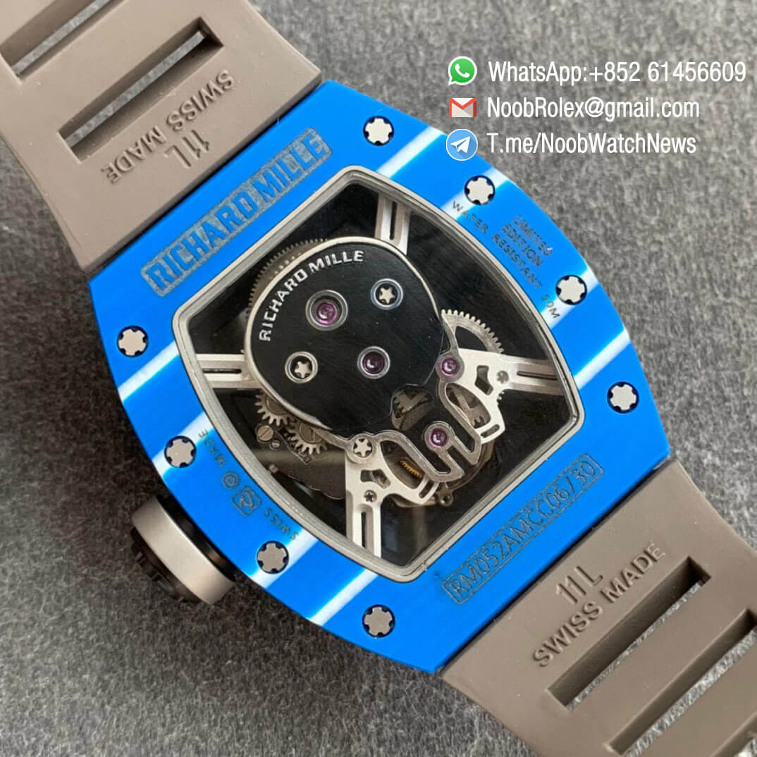 Richard Mille RM052 01 Tourbillon PVD Black Titanium Case Blue Bezel Skeleton Dial on Grey Rubber Strap JBF Best Replica 08