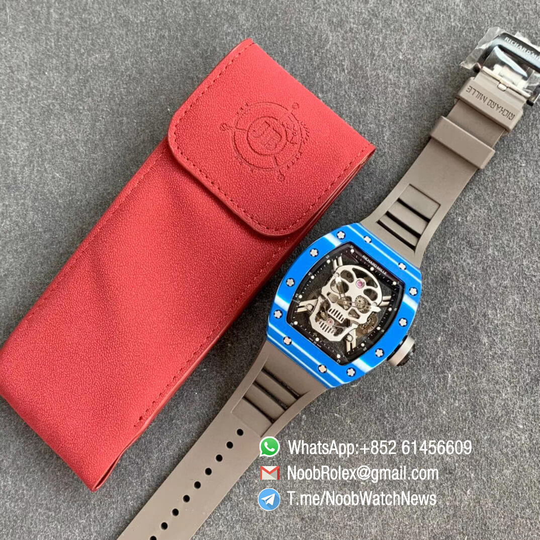 Richard Mille RM052 01 Tourbillon PVD Black Titanium Case Blue Bezel Skeleton Dial on Grey Rubber Strap JBF Best Replica 09