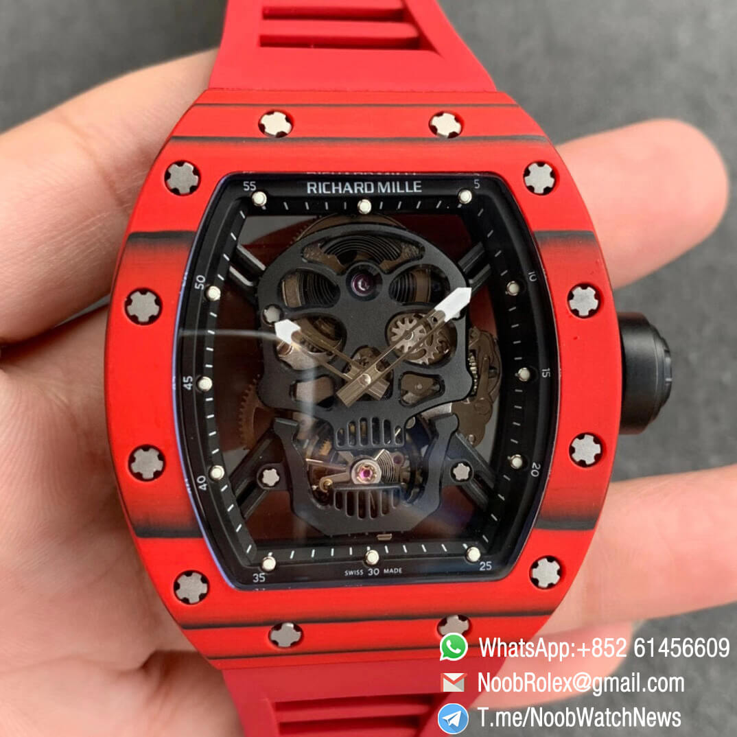 Richard Mille RM052 01 Tourbillon PVD Black Titanium Case Red Bezel Skeleton Dial on Red Rubber Strap JBF Super Clone 01