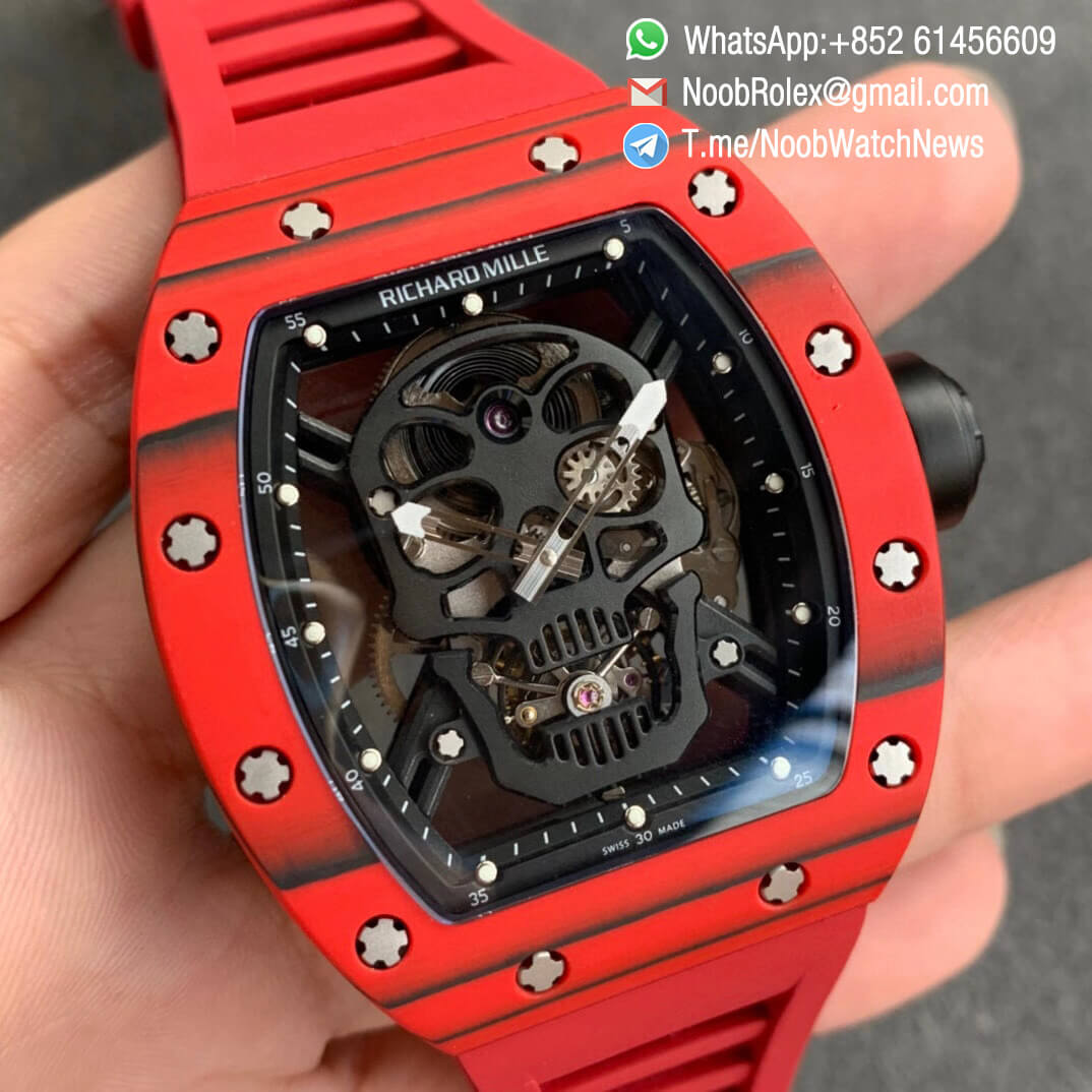 Richard Mille RM052 01 Tourbillon PVD Black Titanium Case Red Bezel Skeleton Dial on Red Rubber Strap JBF Super Clone 02