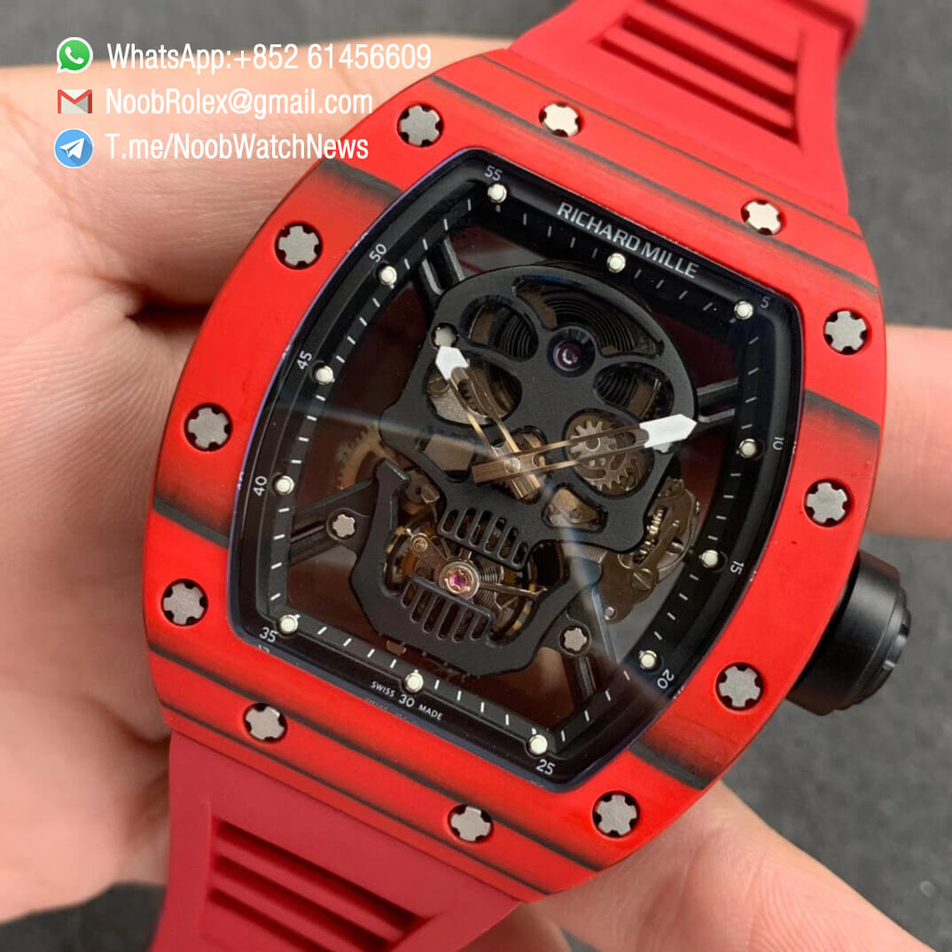 Richard Mille RM052 01 Tourbillon PVD Black Titanium Case Red Bezel Skeleton Dial on Red Rubber Strap JBF Super Clone 03
