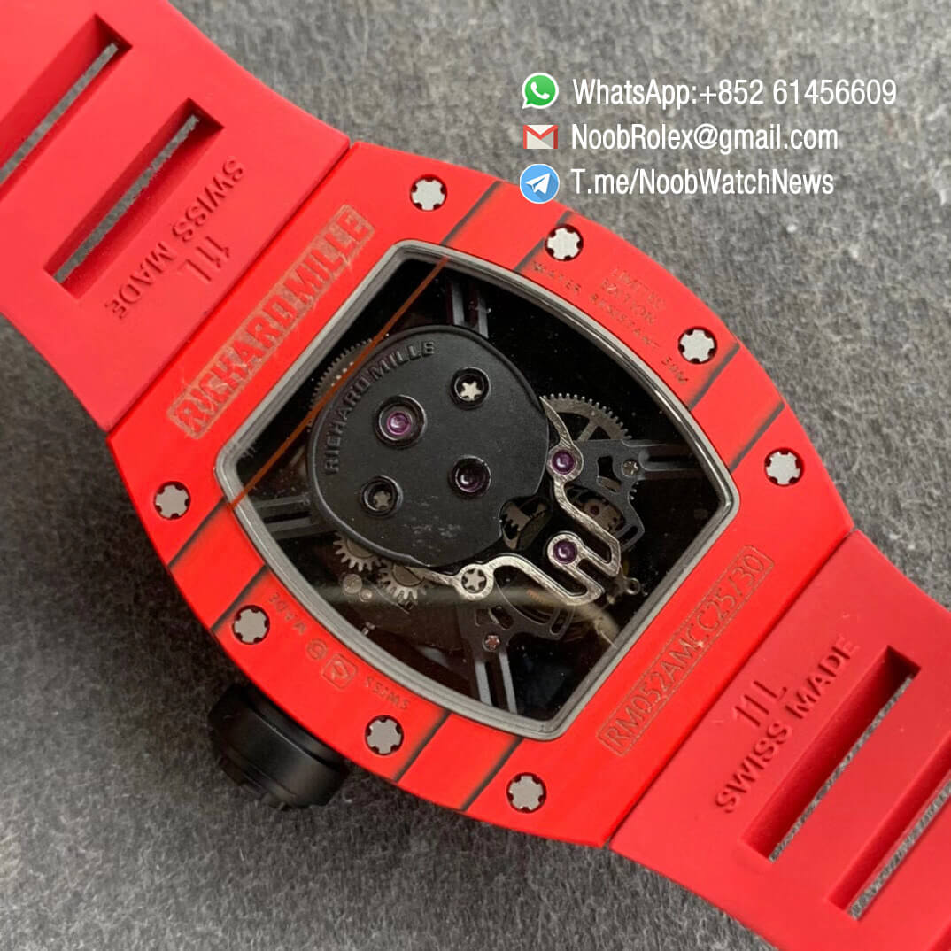 Richard Mille RM052 01 Tourbillon PVD Black Titanium Case Red Bezel Skeleton Dial on Red Rubber Strap JBF Super Clone 08