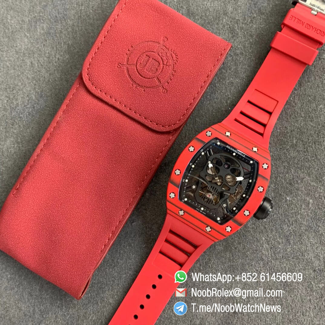 Richard Mille RM052 01 Tourbillon PVD Black Titanium Case Red Bezel Skeleton Dial on Red Rubber Strap JBF Super Clone 09