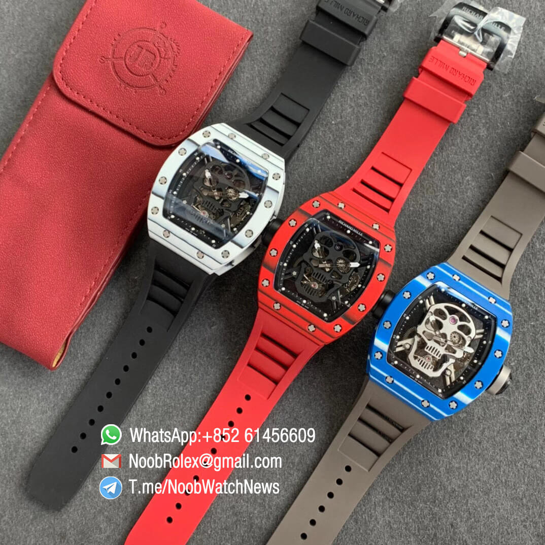 Richard Mille RM052 01 Tourbillon PVD Black Titanium Case Red Bezel Skeleton Dial on Red Rubber Strap JBF Super Clone 10