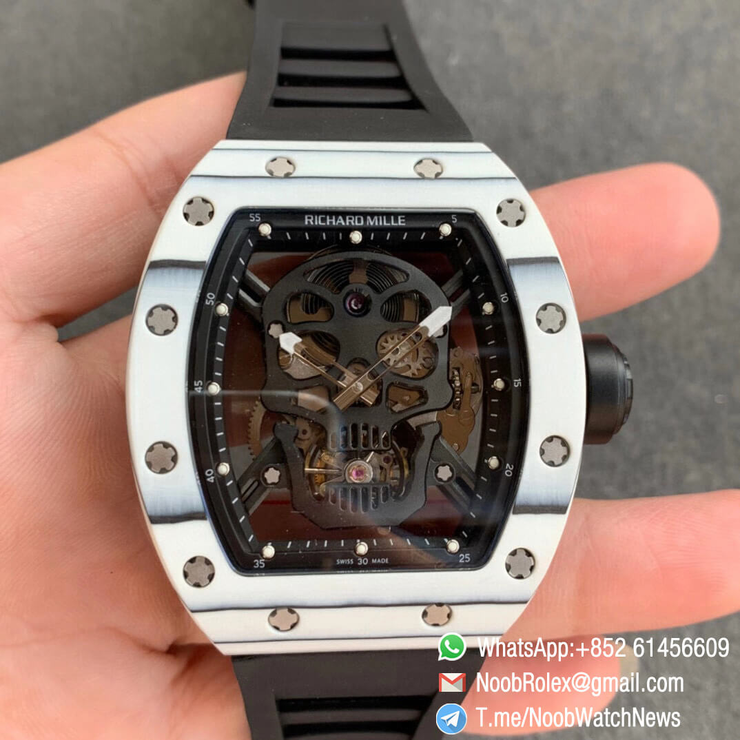 Richard Mille RM052 01 Tourbillon PVD Black Titanium Case White Bezel Skeleton Dial on Black Rubber Strap JBF Super Replica 01