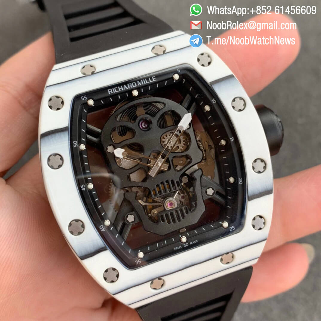 Richard Mille RM052 01 Tourbillon PVD Black Titanium Case White Bezel Skeleton Dial on Black Rubber Strap JBF Super Replica 02