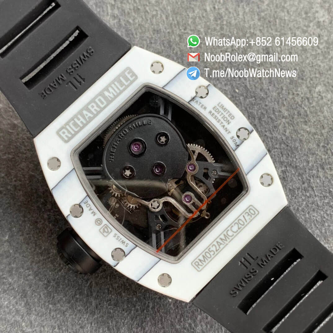 Richard Mille RM052 01 Tourbillon PVD Black Titanium Case White Bezel Skeleton Dial on Black Rubber Strap JBF Super Replica 08