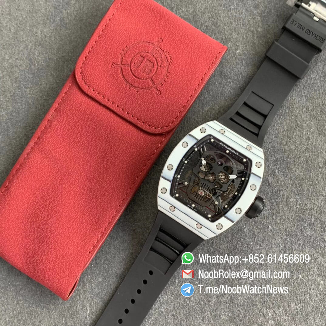 Richard Mille RM052 01 Tourbillon PVD Black Titanium Case White Bezel Skeleton Dial on Black Rubber Strap JBF Super Replica 09
