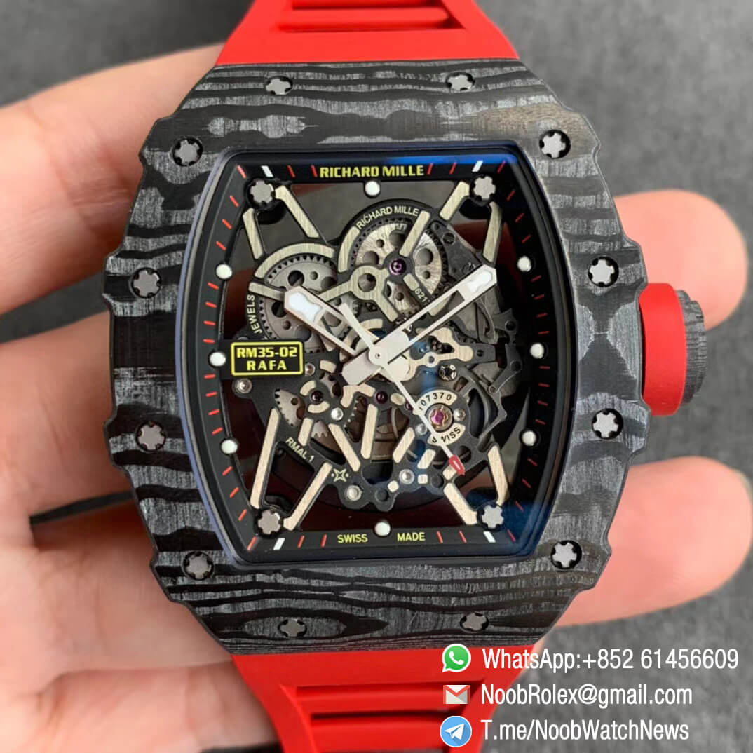 Richard Mille RM35 02 RAFA Black Forge Carbon Case Skeleton Dial on Red Rubber Strap NH05A ZF V2 Swiss Watch Clone 01