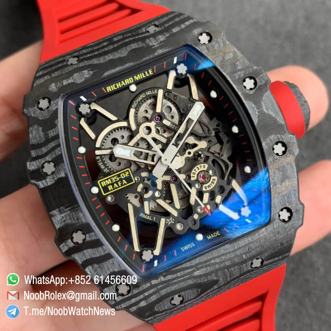 Richard Mille RM35 02 RAFA Black Forge Carbon Case Skeleton Dial on Red Rubber Strap NH05A ZF V2 Swiss Watch Clone 02