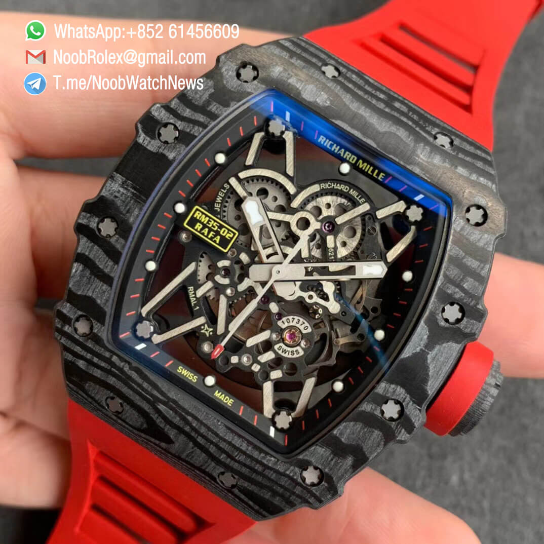 Richard Mille RM35 02 RAFA Black Forge Carbon Case Skeleton Dial on Red Rubber Strap NH05A ZF V2 Swiss Watch Clone 03