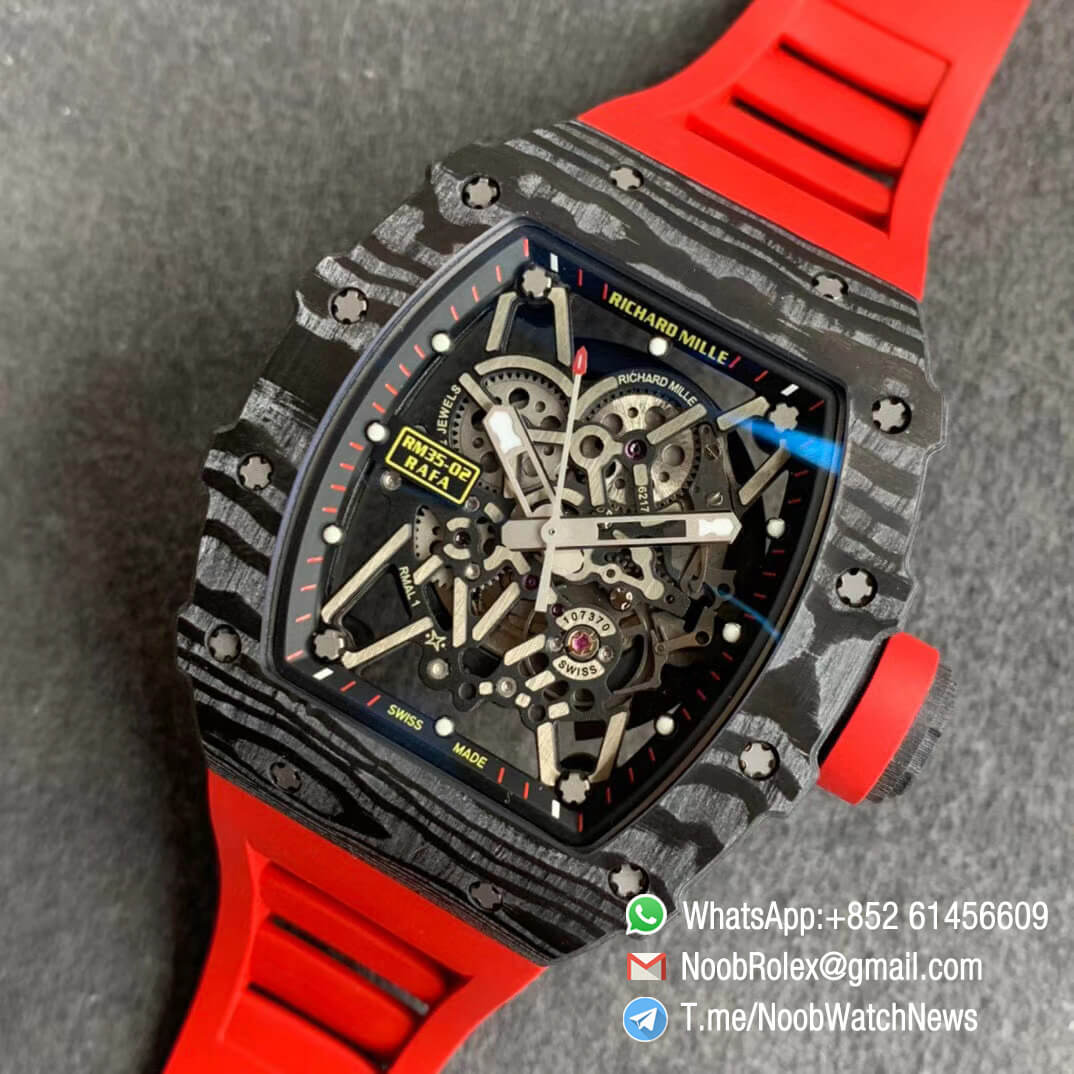 Richard Mille RM35 02 RAFA Black Forge Carbon Case Skeleton Dial on Red Rubber Strap NH05A ZF V2 Swiss Watch Clone 09