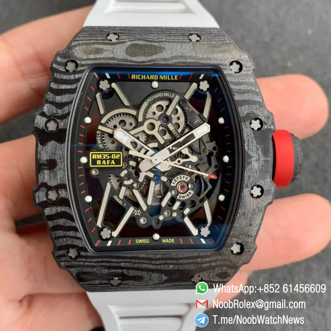 Richard Mille RM35 02 RAFA Black Forge Carbon Case Skeleton Dial on White Rubber Strap NH05A ZF V2 Top Replica 01