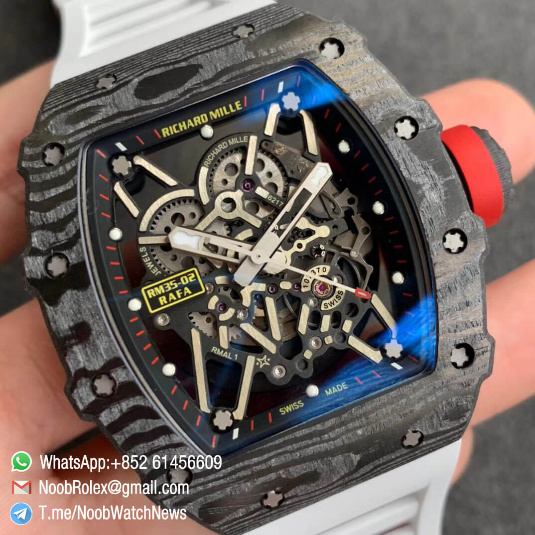 Richard Mille RM35 02 RAFA Black Forge Carbon Case Skeleton Dial on White Rubber Strap NH05A ZF V2 Top Replica 02