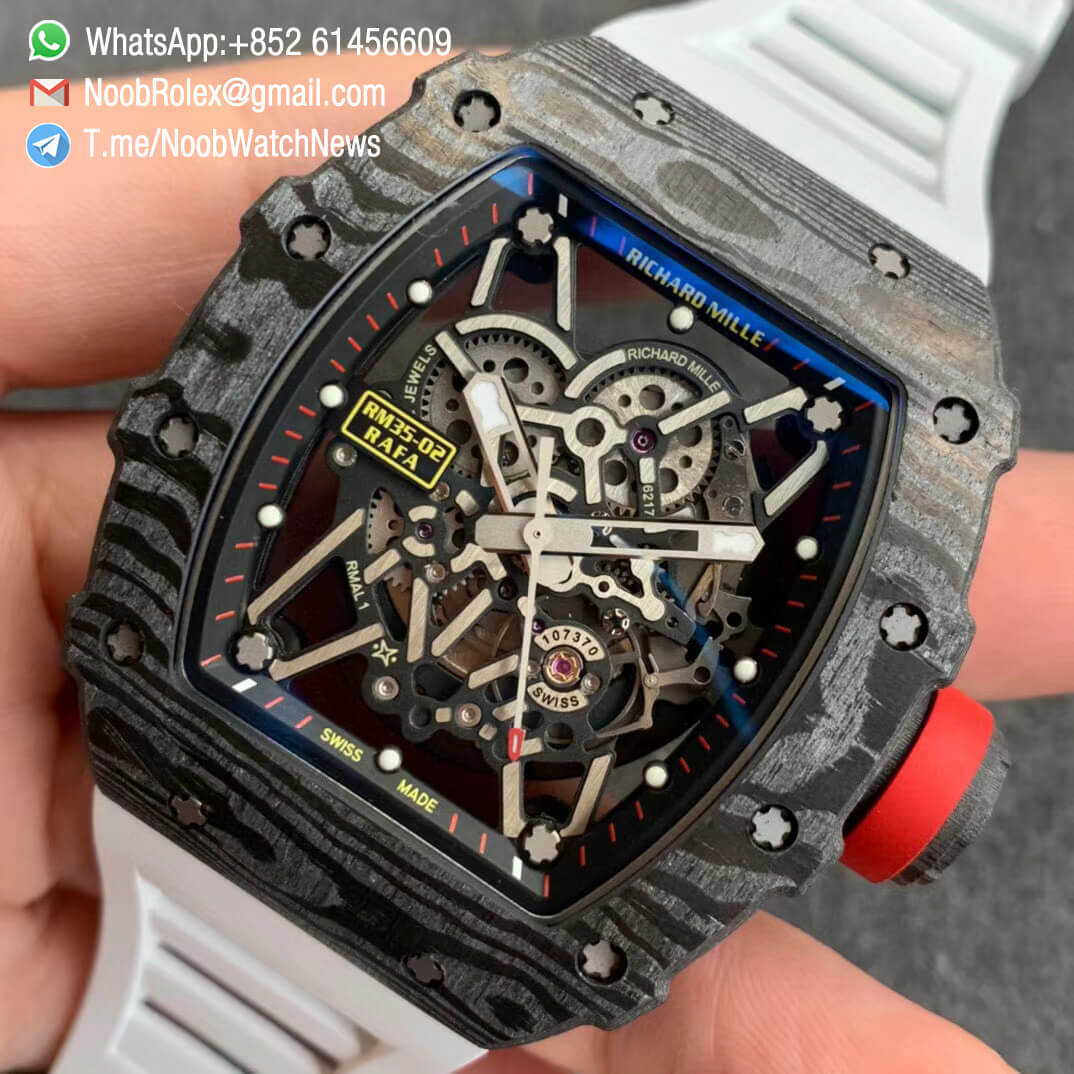 Richard Mille RM35 02 RAFA Black Forge Carbon Case Skeleton Dial on White Rubber Strap NH05A ZF V2 Top Replica 03