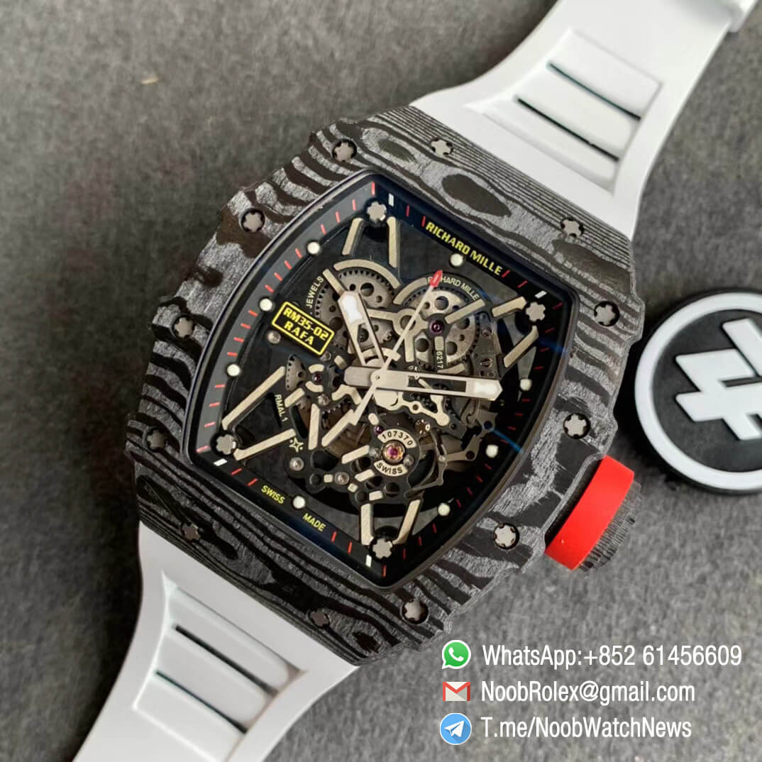 Richard Mille RM35 02 RAFA Black Forge Carbon Case Skeleton Dial on White Rubber Strap NH05A ZF V2 Top Replica 09