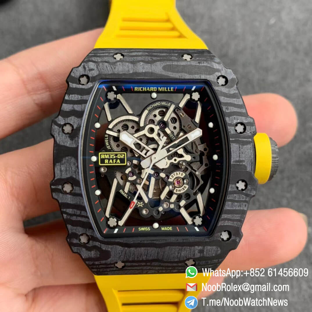 Richard Mille RM35 02 RAFA Black Forge Carbon Case Skeleton Dial on Yellow Rubber Strap NH05A ZF V2 Top Clone 01